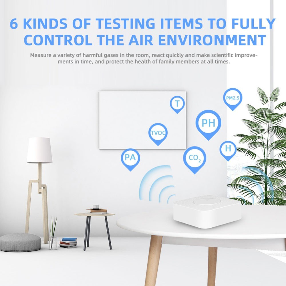 Tuya WiFi Smart Air Quality Monitor 6-in-1 PM2.5 / Formaldehyde / TVOC / CO2 / Temperature / Humidity Air Quality Tester with Real Time Display Tuya WiFi Smart Air Quality Monitor 6-in-1 PM2.5 / Formaldehyde / TVOC / CO2 / Temperature / Humidity Air Quality Tester with Real Time Display